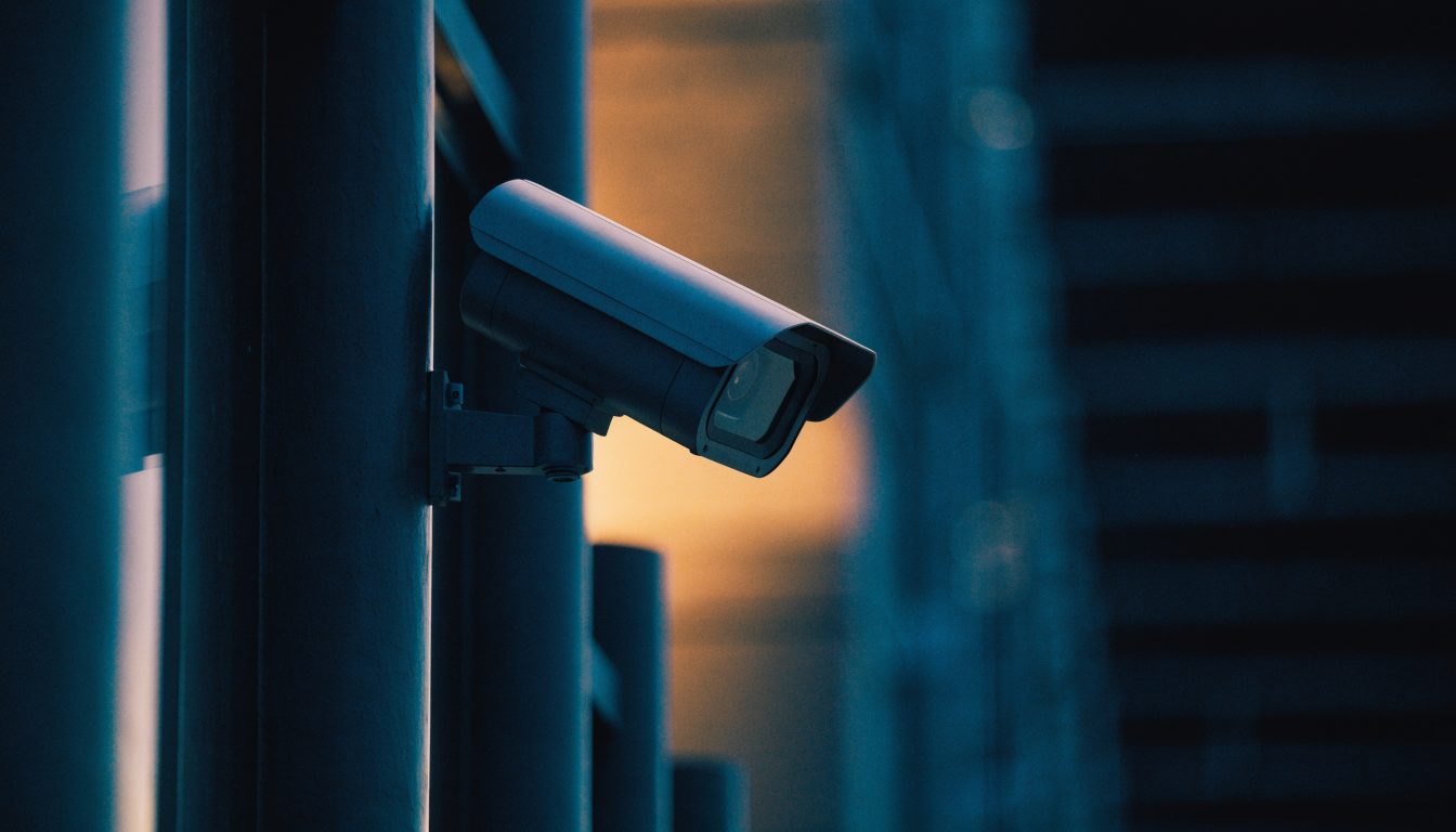Cámara de videovigilancia instalada en fachada corporativa