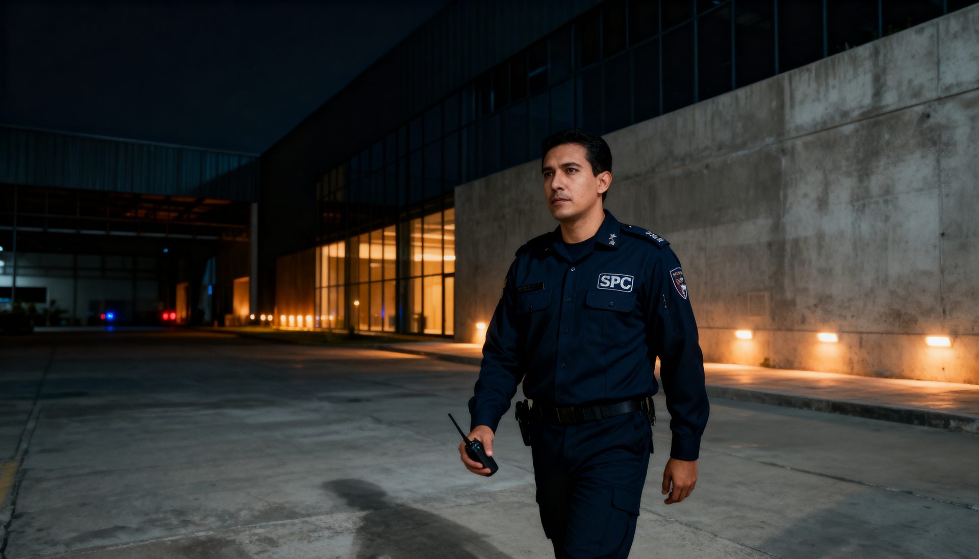 Guardia de SPC patrullando una instalación industrial de noche